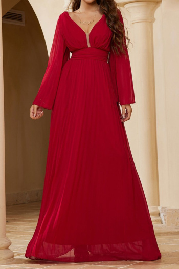 Elegant non-stretch solid color pleated deep v-neck backless maxi dress