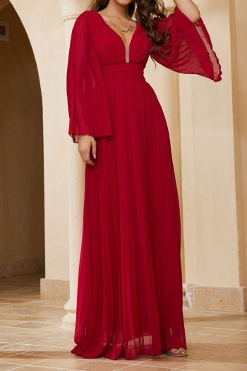 Elegant non-stretch solid color pleated deep v-neck backless maxi dress