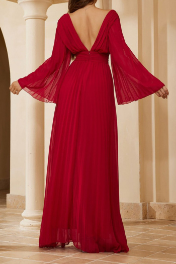 Elegant non-stretch solid color pleated deep v-neck backless maxi dress