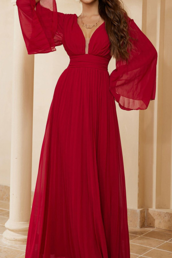 Elegant non-stretch solid color pleated deep v-neck backless maxi dress