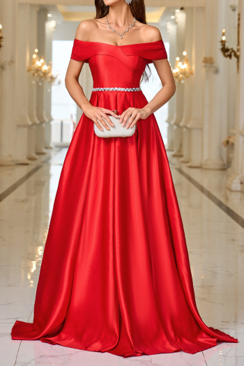 Elegant non-stretch solid color one-shoulder satin slit maxi evening dress