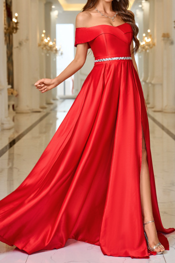 Elegant non-stretch solid color one-shoulder satin slit maxi evening dress