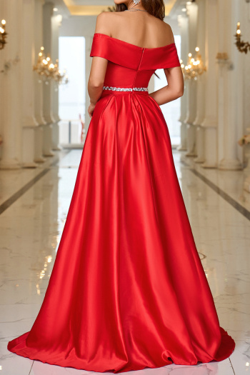 Elegant non-stretch solid color one-shoulder satin slit maxi evening dress