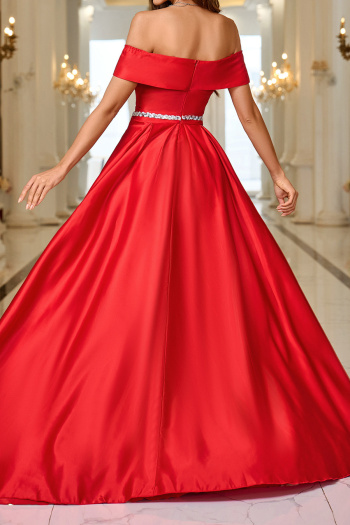 Elegant non-stretch solid color one-shoulder satin slit maxi evening dress