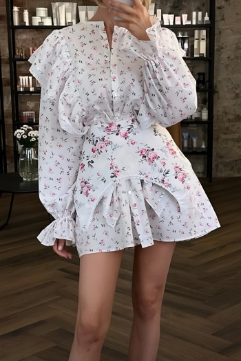 new no stretch patchwork batch printing ruffle mini floral dress(with waistband)