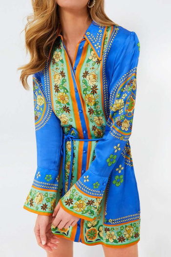 new no-stretch contrast fixed printing satin long sleeve mini floral dress(with belt)