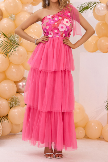 elegant non stretch floral embroidery layered mesh maxi dress