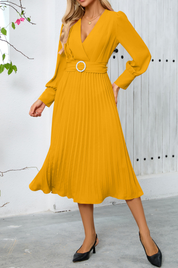 Casual plus-size 5-color slight stretch ice fabric v-neck midi dress(with belt)