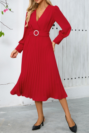 Casual plus-size 5-color slight stretch ice fabric v-neck midi dress(with belt)