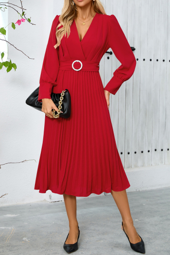 Casual plus-size 5-color slight stretch ice fabric v-neck midi dress(with belt)