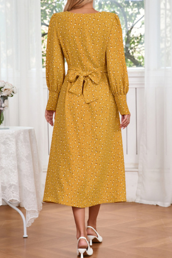 Casual slight stretch plus-size 3-color batch printing lace-up midi floral dress