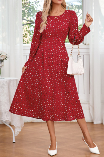 Casual slight stretch plus-size 3-color batch printing lace-up midi floral dress