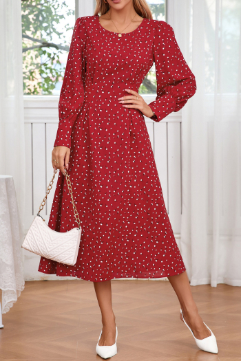Casual slight stretch plus-size 3-color batch printing lace-up midi floral dress