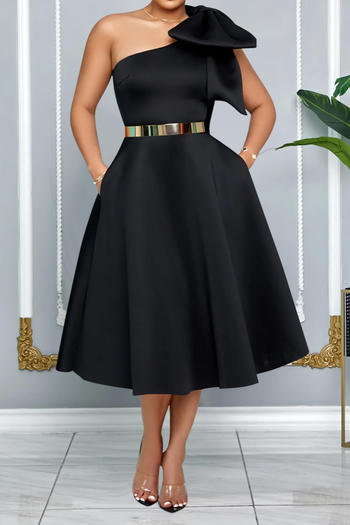 casual plus size non-stretch solid color one-shoulder bow decor midi dress