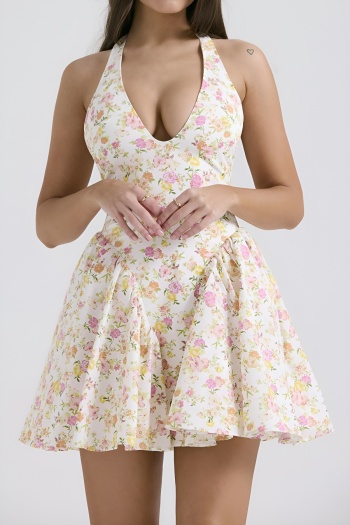 stylish new non-stretch floral batch printing zip-up halter neck slim mini dress