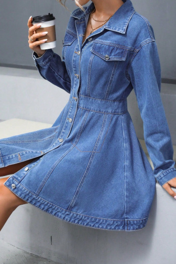 s-m new no-stretch patchwork denim solid color long sleeve mini dress