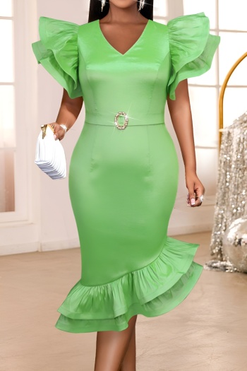 stylish plus size slight stretch pure color v-neck ruffle midi dress