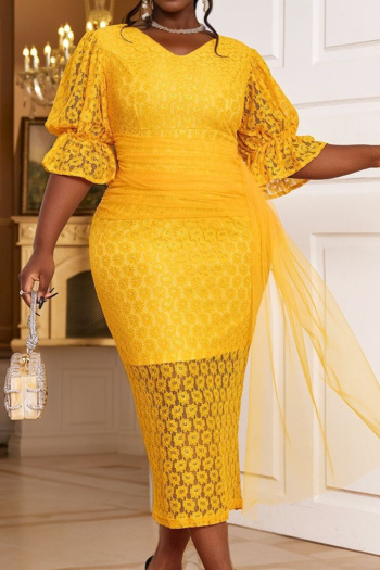 stylish plus size slight stretch lace mesh stitching v-neck midi dress