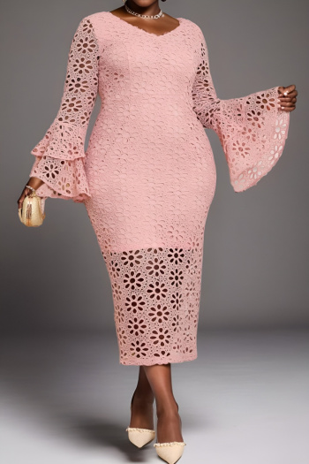 stylish plus size slight stretch cutout bell-sleeve v-neck midi dress