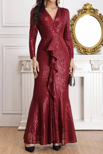 elegant non-stretch solid color sequins v-neck long-sleeved hollow maxi dress