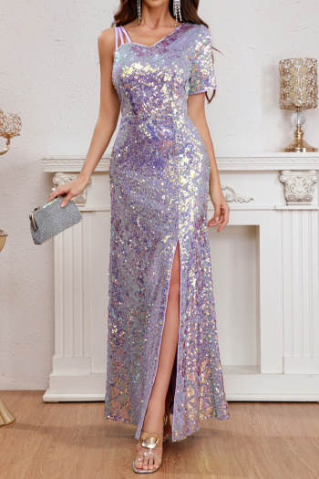 elegant non-stretch sequins slit maxi evening dress
