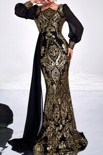 elegant high-end slight stretch sequin padded square-neck ribbon maxi dress