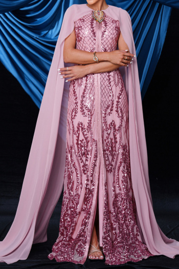 elegant high-end slight stretch sequin decor padded mesh ribbon maxi dress