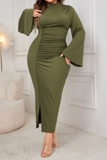 Casual plus size slight stretch solid color pleated slit maxi dress