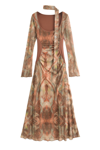casual slight stretch square neck with scarf maxi dress(size run small)