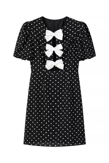 chic slight stretch bow decor cutout polka dot mini dress