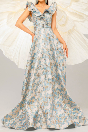 elegant slight stretch floral print padded v-neck cascading ruffle maxi dress