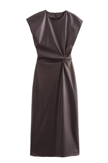 casual non stretch pu twist sleeveless midi dress