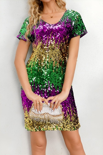 stylish slight stretch gradient color sequin short sleeve mini dress