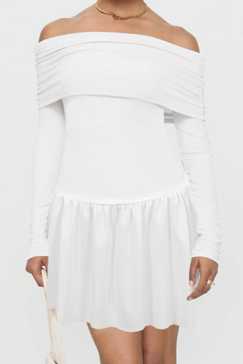 casual slight stretch solid color simple one shoulder long sleeve mini dress