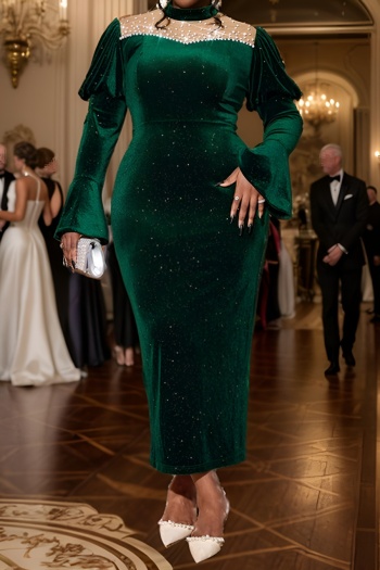 stylish plus size slight stretch velvet pearl decor mesh stitching midi dress