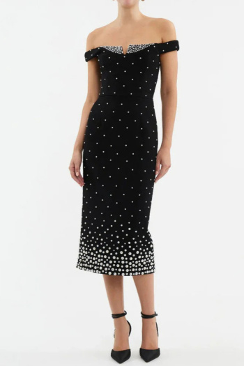 elegant slight stretch one-shoulder slim pearl-decor midi dress