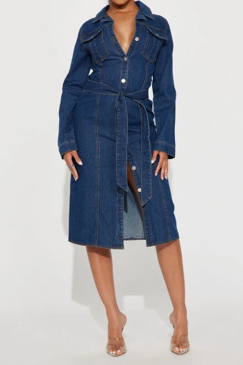 casual plus size non-stretch denim single-breasted with belt midi dress