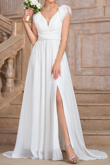 new elegant slight stretch white patchwork chiffon fluffy v-neck maxi tank dress