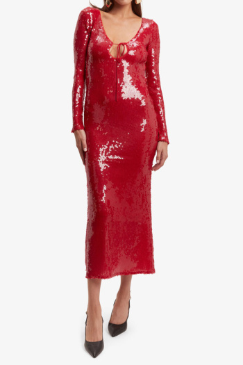 elegant non-stretch solid color sequins backless long-sleeved midi dress