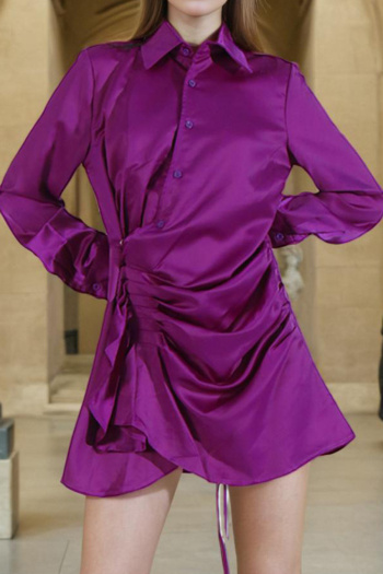 casual stretch solid color lapel button long sleeve shirring mini dress