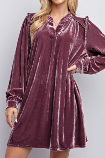 casual stretch velvet v-neck balloon sleeve loose mini dress