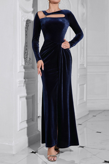 elegant slight stretch velvet solid color hollow maxi dress