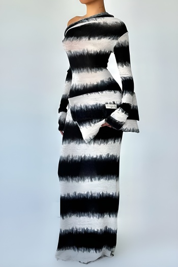 casual slight stretch contrast color striped one-shoulder slim maxi dress