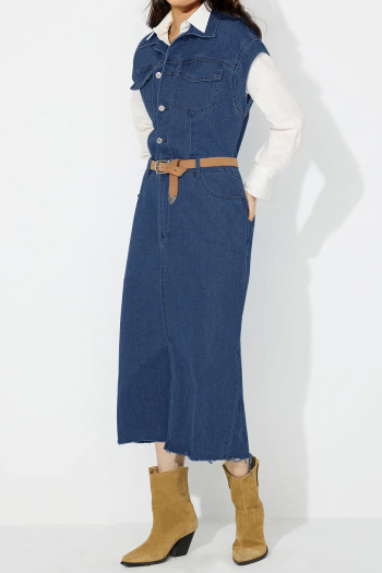 new casual plus-size 3-color no-stretch patchwork pocket denim midi dress(no belt)