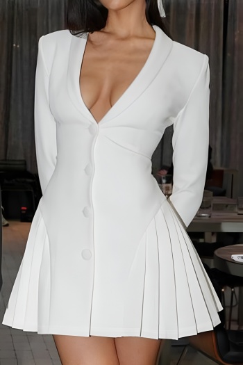 new solid color slight stretch single breasted suit collar casual mini dress