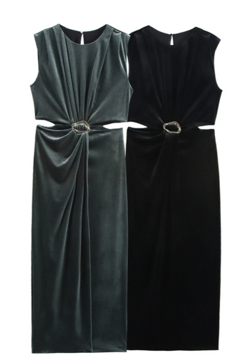 casual slight stretch velvet solid color hollow maxi dress