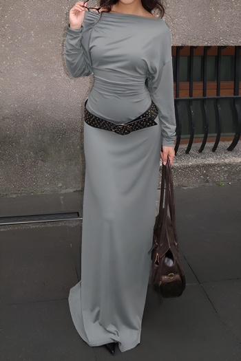 casual slight stretch simple solid color drawstring maxi dress without belt