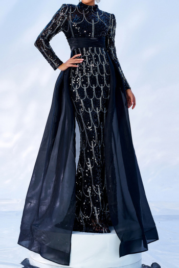 elegant slight stretch sequin decor padded long sleeve mesh hem maxi dress