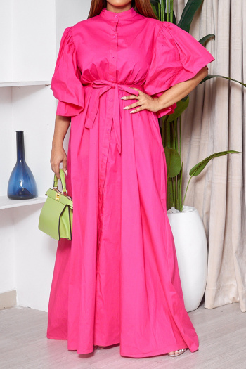 Casual plus size non-stretch 4 colors single-breasted with belt maxi dress