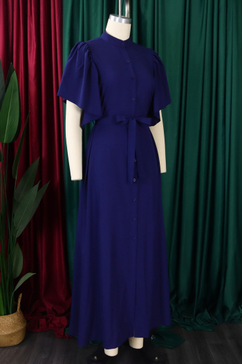 Casual plus size non-stretch 4 colors single-breasted with belt maxi dress